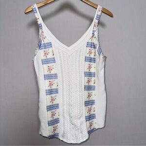 POL White and Blue Floral Striped Cable Knit Tank Top Lace Medium Cottagecore